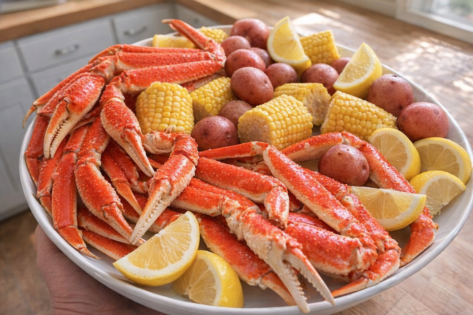 A top-down shot of perfectly boiled crab legs, bright red, arranged on a platter with corn on the cob, red potatoes, and lemon wedges, bright daylight